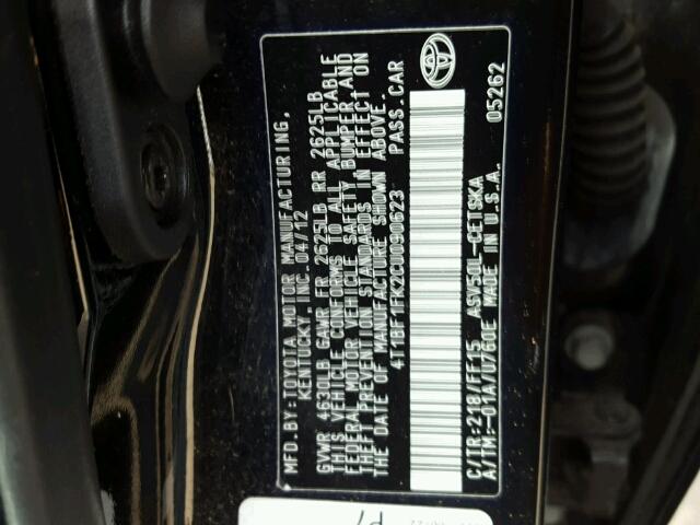 4T1BF1FK2CU090623 - 2012 TOYOTA CAMRY BASE BLACK photo 10