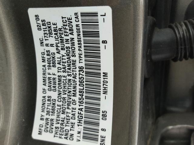 1HGFA16548L065736 - 2008 HONDA CIVIC LX GRAY photo 10