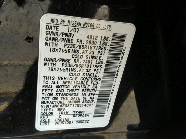 JN8AZ08T17W514041 - 2007 NISSAN MURANO SL BLACK photo 10