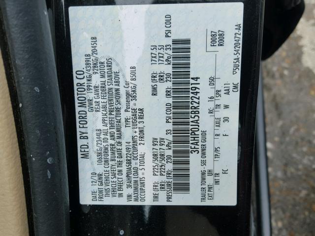 3FAHP0JA5BR224914 - 2011 FORD FUSION SEL BLACK photo 10