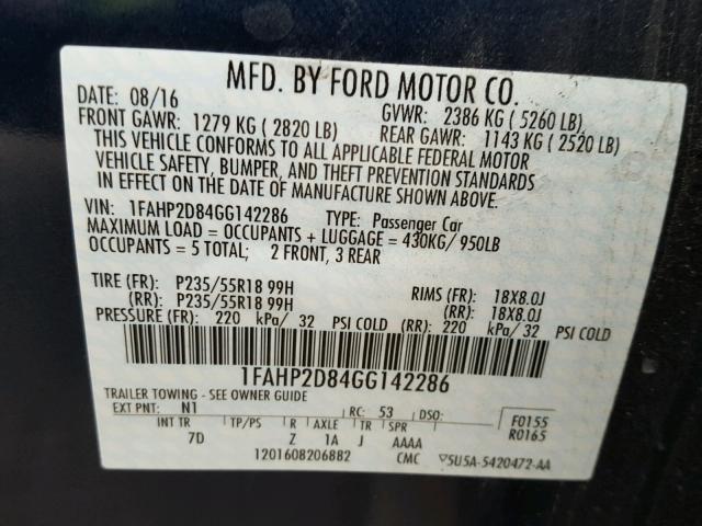 1FAHP2D84GG142286 - 2016 FORD TAURUS SE BLUE photo 10