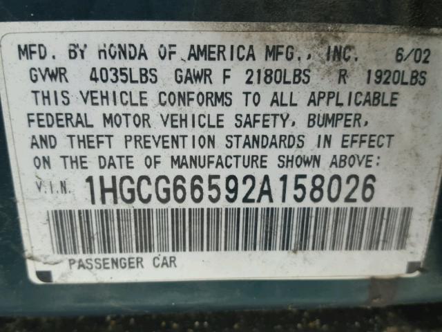 1HGCG66592A158026 - 2002 HONDA ACCORD LX GREEN photo 10