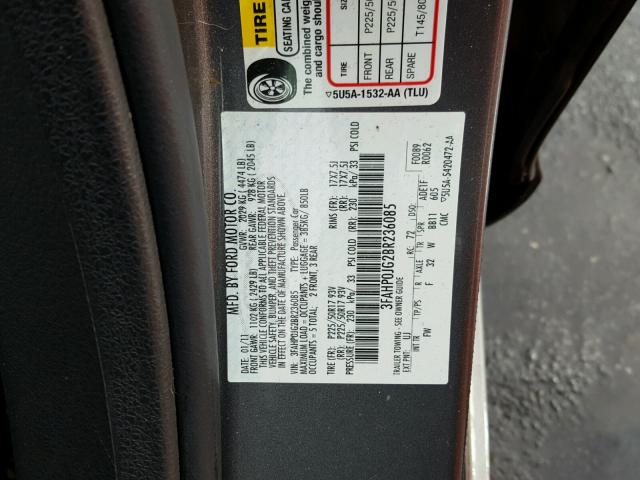 3FAHP0JG2BR236085 - 2011 FORD FUSION SEL GRAY photo 10