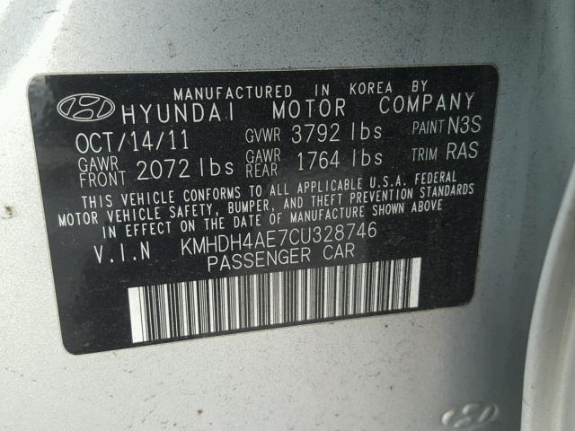 KMHDH4AE7CU328746 - 2012 HYUNDAI ELANTRA GL SILVER photo 10