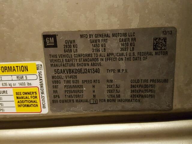 5GAKVBKD9EJ241340 - 2014 BUICK ENCLAVE თაფლისფერი ფოტო 10