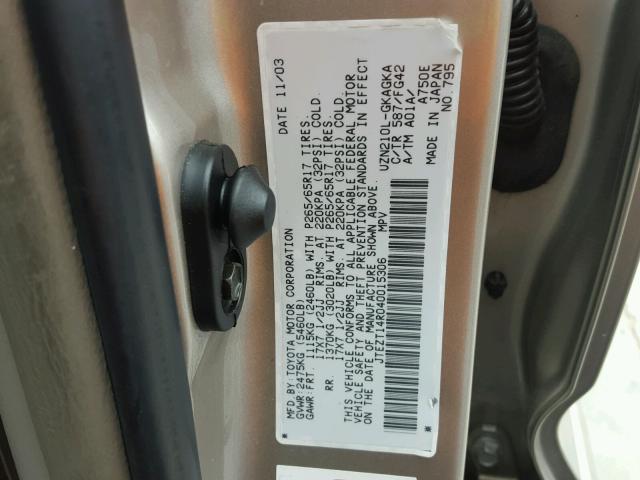 JTEZT14R040015306 - 2004 TOYOTA 4RUNNER SR TAN photo 10