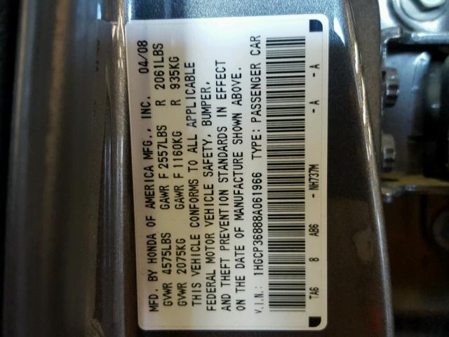 1HGCP36888A061966 - 2008 HONDA ACCORD EXL GRAY photo 10