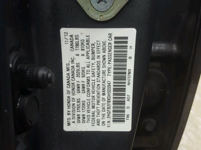 2HGFB2F8XDH505947 - 2013 HONDA CIVIC EX ნაცრისფერი ფოტო 10