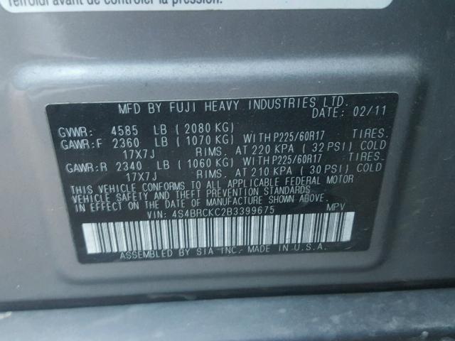 4S4BRCKC2B3399675 - 2011 SUBARU OUTBACK 2. GRAY photo 10