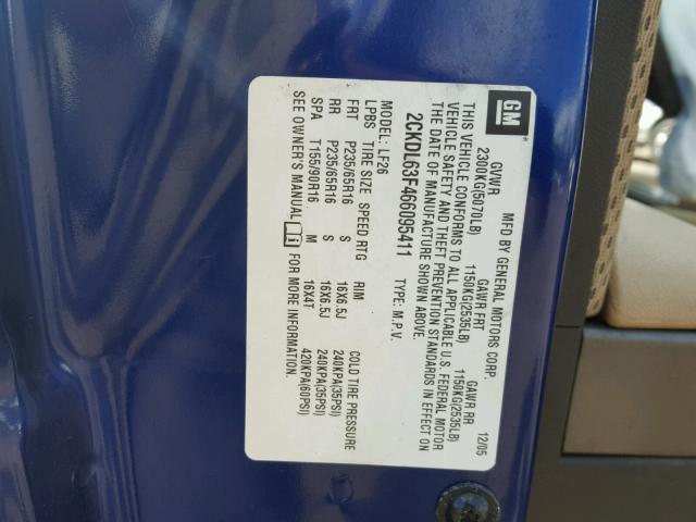 2CKDL63F466095411 - 2006 PONTIAC TORRENT BLUE photo 10