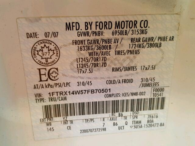 1FTRX14W57FB70501 - 2007 FORD F150 WHITE photo 10