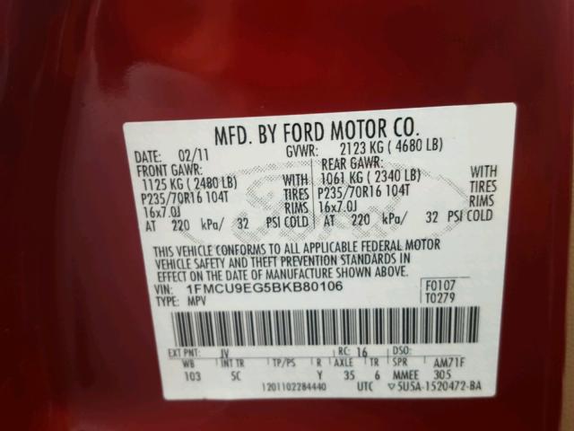 1FMCU9EG5BKB80106 - 2011 FORD ESCAPE LIM RED photo 10