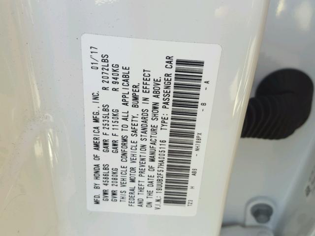 19UUB2F57HA005116 - 2017 ACURA TLX TECH WHITE photo 10