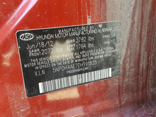 5NPDH4AE7DH191825 - 2013 HYUNDAI ELANTRA GL RED photo 10