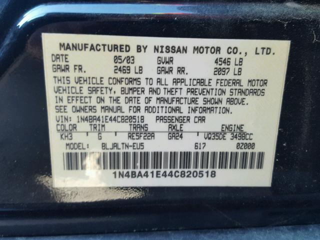 1N4BA41E44C820518 - 2004 NISSAN MAXIMA SE BLACK photo 10