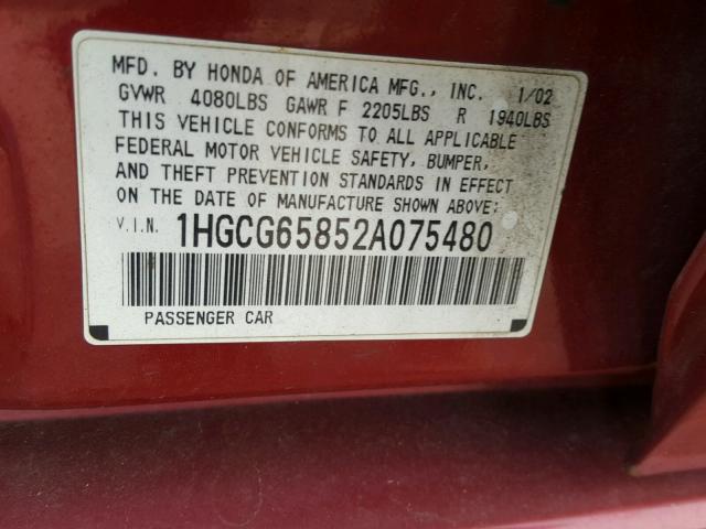 1HGCG65852A075480 - 2002 HONDA ACCORD EX RED photo 10