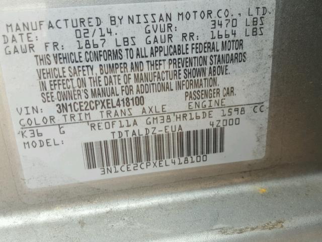 3N1CE2CPXEL418100 - 2014 NISSAN VERSA NOTE GRAY photo 10