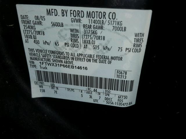 1FTWX31P66EB14616 - 2006 FORD F350 SRW S BLACK photo 10