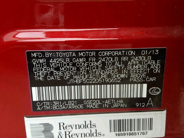 JTHBF5C22D5190652 - 2013 LEXUS IS 250 RED photo 10