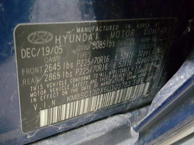 KM8SC13DX6U103783 - 2006 HYUNDAI SANTA FE G BLUE photo 10