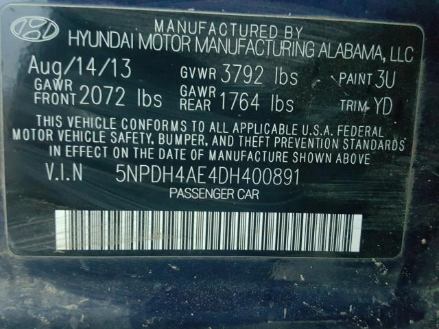 5NPDH4AE4DH400891 - 2013 HYUNDAI ELANTRA GL BLUE photo 10