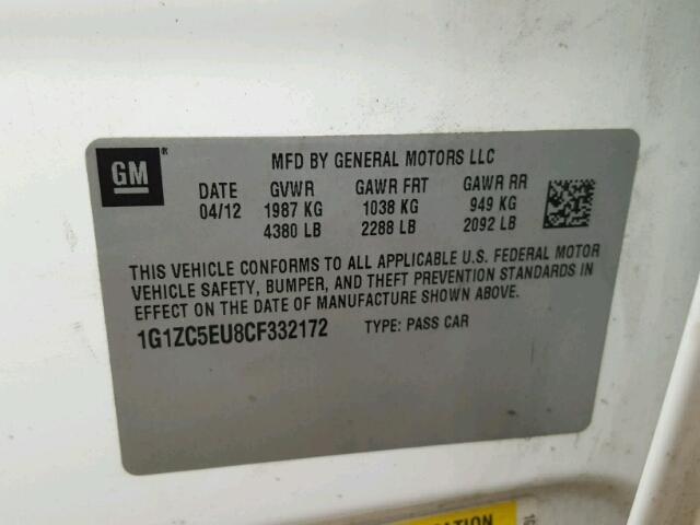 1G1ZC5EU8CF332172 - 2012 CHEVROLET MALIBU 1LT 白色 照片 10