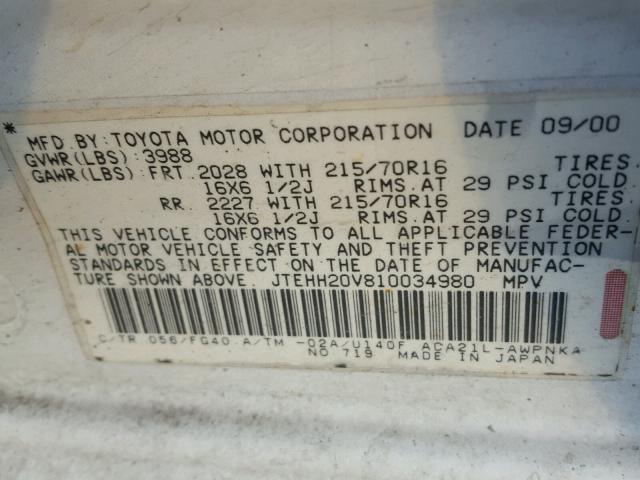 JTEHH20V810034980 - 2001 TOYOTA RAV4 SILVER photo 10