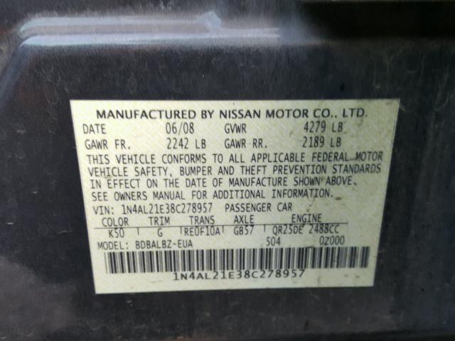 1N4AL21E38C278957 - 2008 NISSAN ALTIMA 2.5 CHARCOAL photo 10