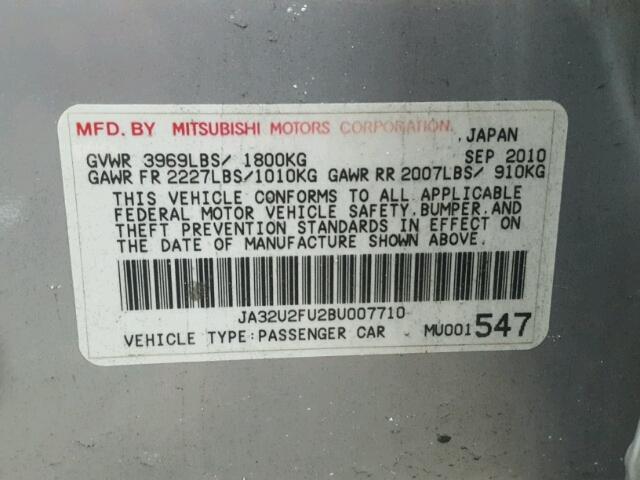 JA32U2FU2BU007710 - 2011 MITSUBISHI LANCER ES/ SILVER photo 10