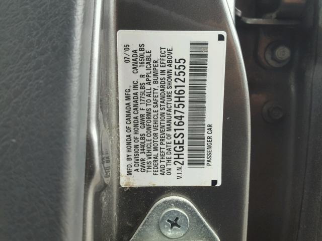 2HGES16475H612555 - 2005 HONDA CIVIC DX GRAY photo 10