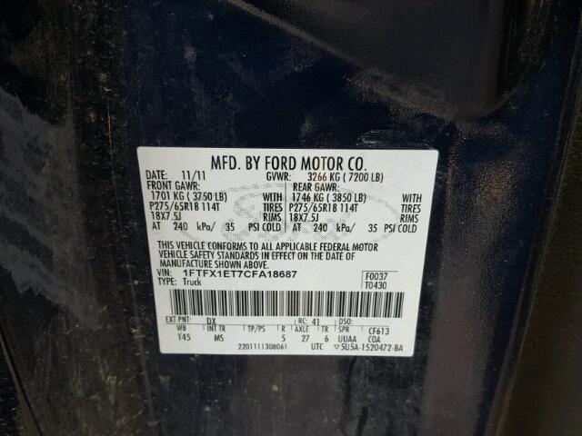 1FTFX1ET7CFA18687 - 2012 FORD F150 SUPER BLUE photo 10