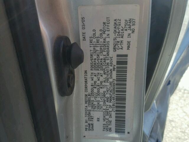 JTEBU14R150069973 - 2005 TOYOTA 4RUNNER SR SILVER photo 10