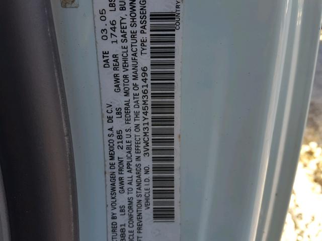 3VWCM31Y45M361496 - 2005 VOLKSWAGEN NEW BEETLE 蓝色 照片 10