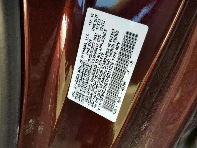 5FNRL5H61FB041252 - 2015 HONDA ODYSSEY EX MAROON photo 10