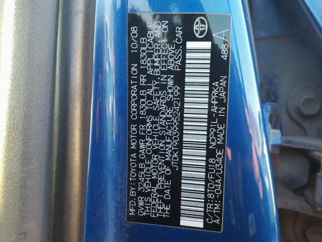 JTDKT903995242199 - 2009 TOYOTA YARIS BLUE photo 10