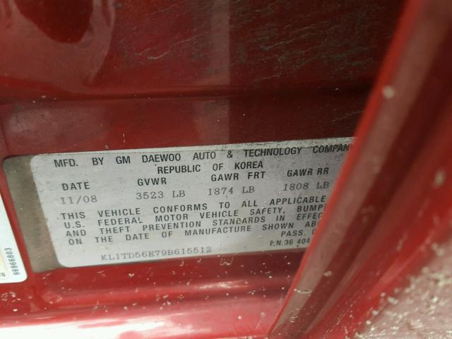 KL1TD56E79B615512 - 2009 CHEVROLET AVEO LS RED photo 10