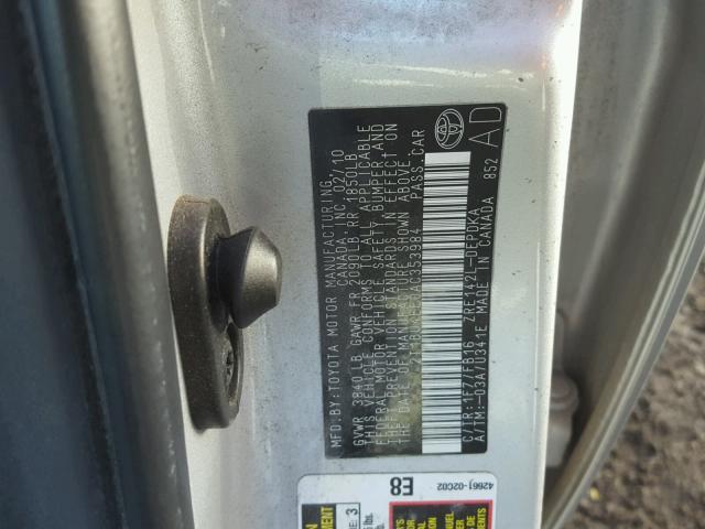 2T1BU4EE0AC353984 - 2010 TOYOTA COROLLA BA SILVER photo 10