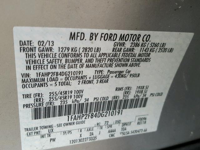 1FAHP2F84DG210191 - 2013 FORD TAURUS LIM SILVER photo 10