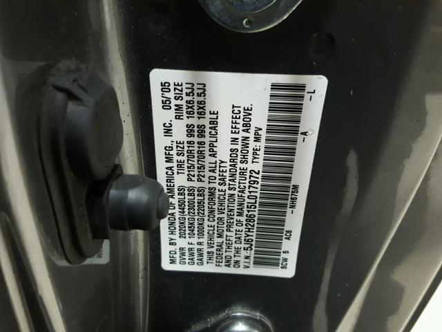 5J6YH28615L017972 - 2005 HONDA ELEMENT EX GRAY photo 10