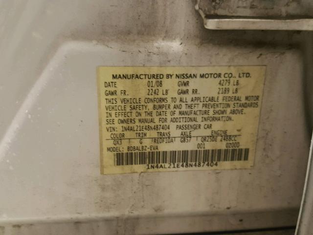 1N4AL21E48N487404 - 2008 NISSAN ALTIMA 2.5 WHITE photo 10