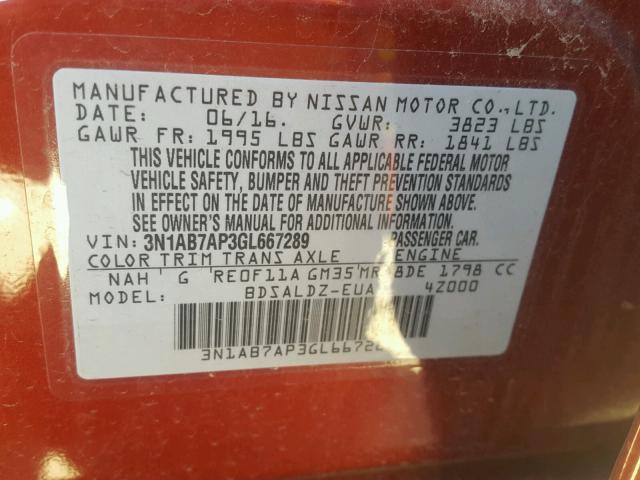 3N1AB7AP3GL667289 - 2016 NISSAN SENTRA S RED photo 10