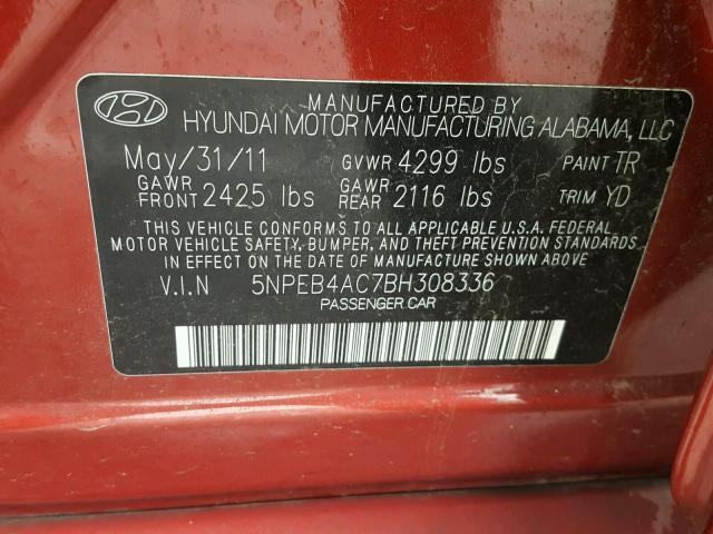 5NPEB4AC7BH308336 - 2011 HYUNDAI SONATA GLS RED photo 10