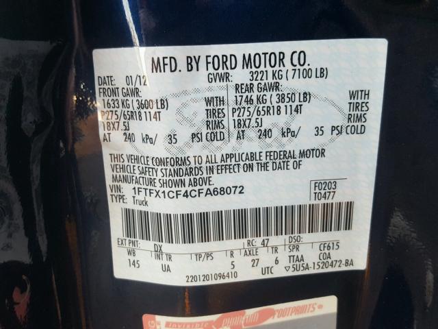 1FTFX1CF4CFA68072 - 2012 FORD F150 SUPER BLUE photo 10