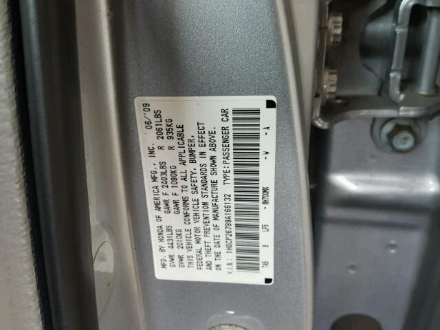 1HGCP26799A166132 - 2009 HONDA ACCORD EX SILVER photo 10