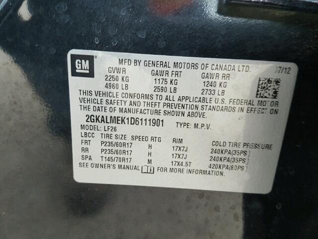 2GKALMEK1D6111901 - 2013 GMC TERRAIN SL BLACK photo 10