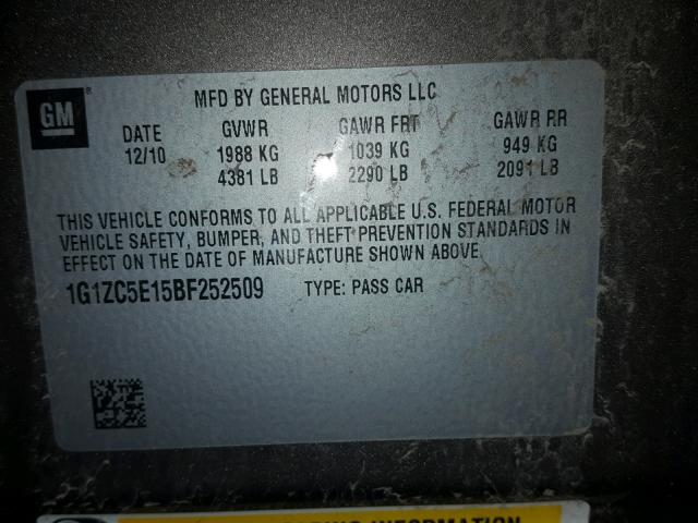 1G1ZC5E15BF252509 - 2011 CHEVROLET MALIBU 1LT GOLD photo 10