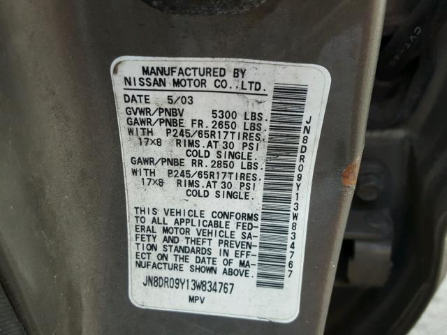 JN8DR09Y13W834767 - 2003 NISSAN PATHFINDER SILVER photo 10