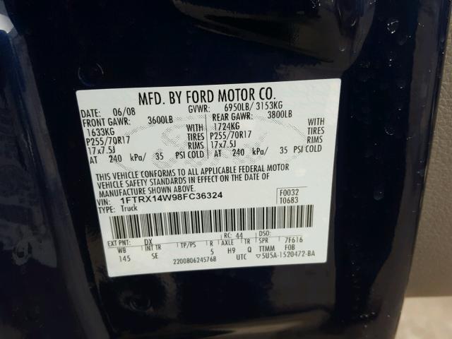 1FTRX14W98FC36324 - 2008 FORD F150 BLUE photo 10