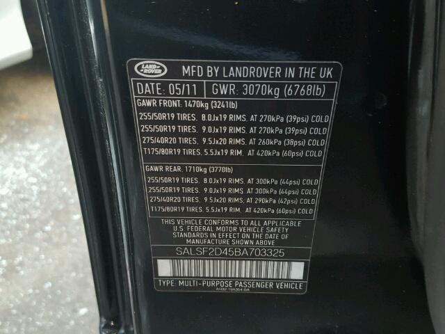 SALSF2D45BA703325 - 2011 LAND ROVER RANGE ROVE BLACK photo 10