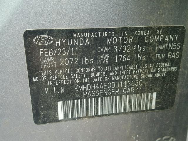 KMHDH4AE0BU113630 - 2011 HYUNDAI ELANTRA GL SILVER photo 10